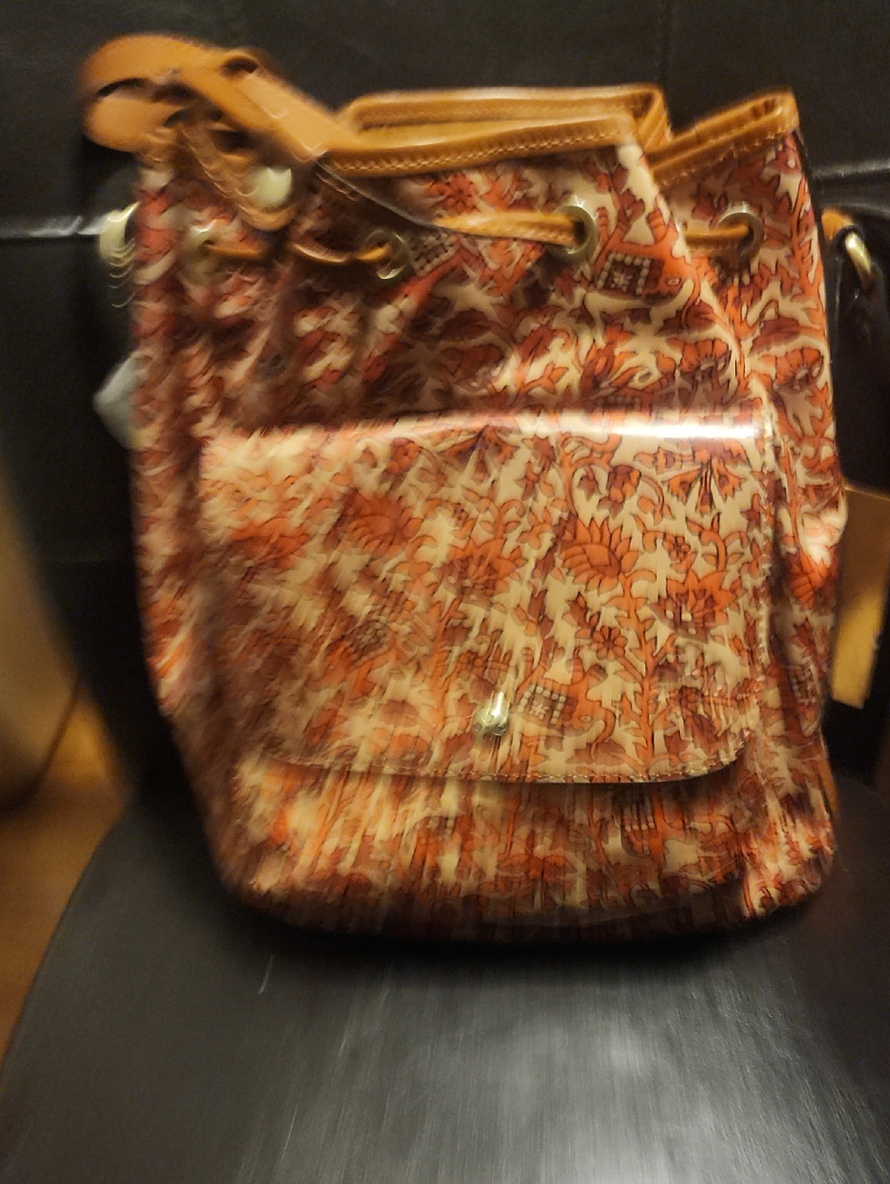 PATRICA NASH Orange Floral Drawstring Bucket Bag with Tan Trim. Wallet Included.